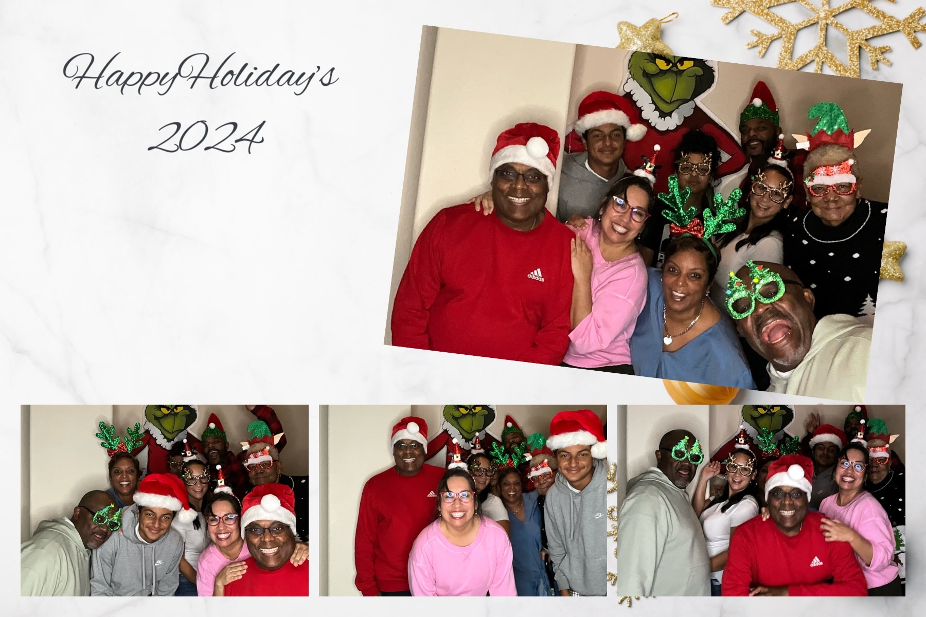 Large group in Christmas attire with holiday props at photo booth